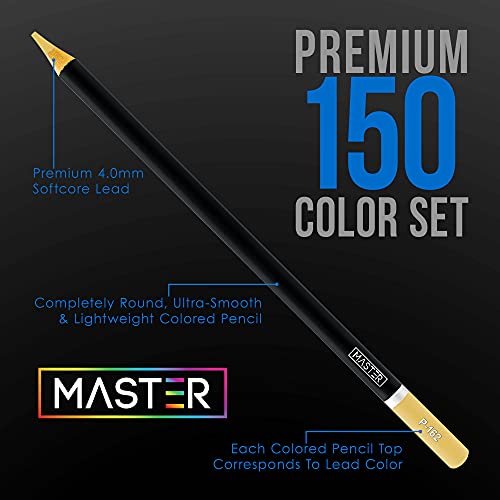 Master 150 Colored Pencil Mega Set with Premium Soft Thick Core Vibrant Color Leads in Tin Storage Box - Professional Ultra-Smooth Artist Quality -