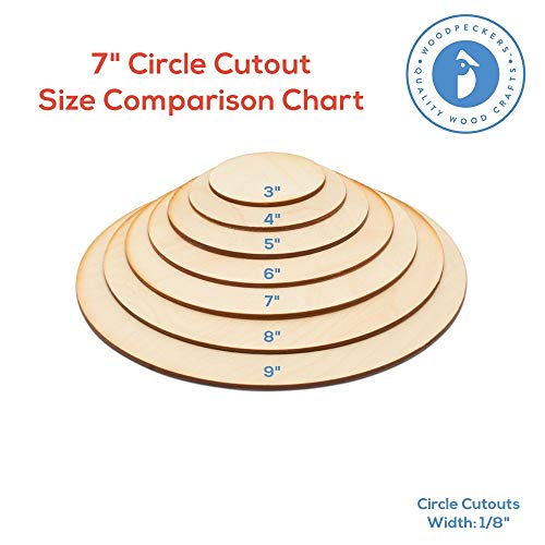 7-inch Wood Circle Disc, 1/8 inch Thick with Rustic Burnt Edges, Pack of 5 Unfinished Round Wooden Circles for Crafts, Birch Plywood, by Woodpeckers Woodpeckers