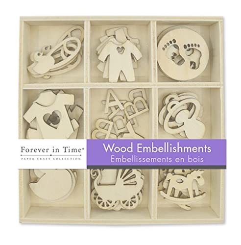 Mini Laser Cuts Wood Shape - Baby - Pram, Rocking Horse, Pacifier, and More - 45 Pieces - 1'' Across Forever in Time