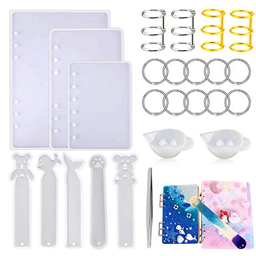 Woohome 26 PCS Notebook Cover Resin Casting Moulds Bookmark Resin Moulds Set with Book Rings, Tweezers and Silicone Measuring Cup for Notebook - WoodArtSupply