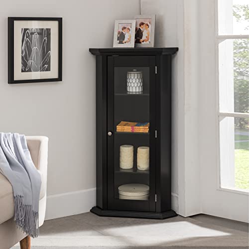 Kings Brand Furniture - Corner Curio Storage Cabinet with Glass Door, Black Finish - WoodArtSupply