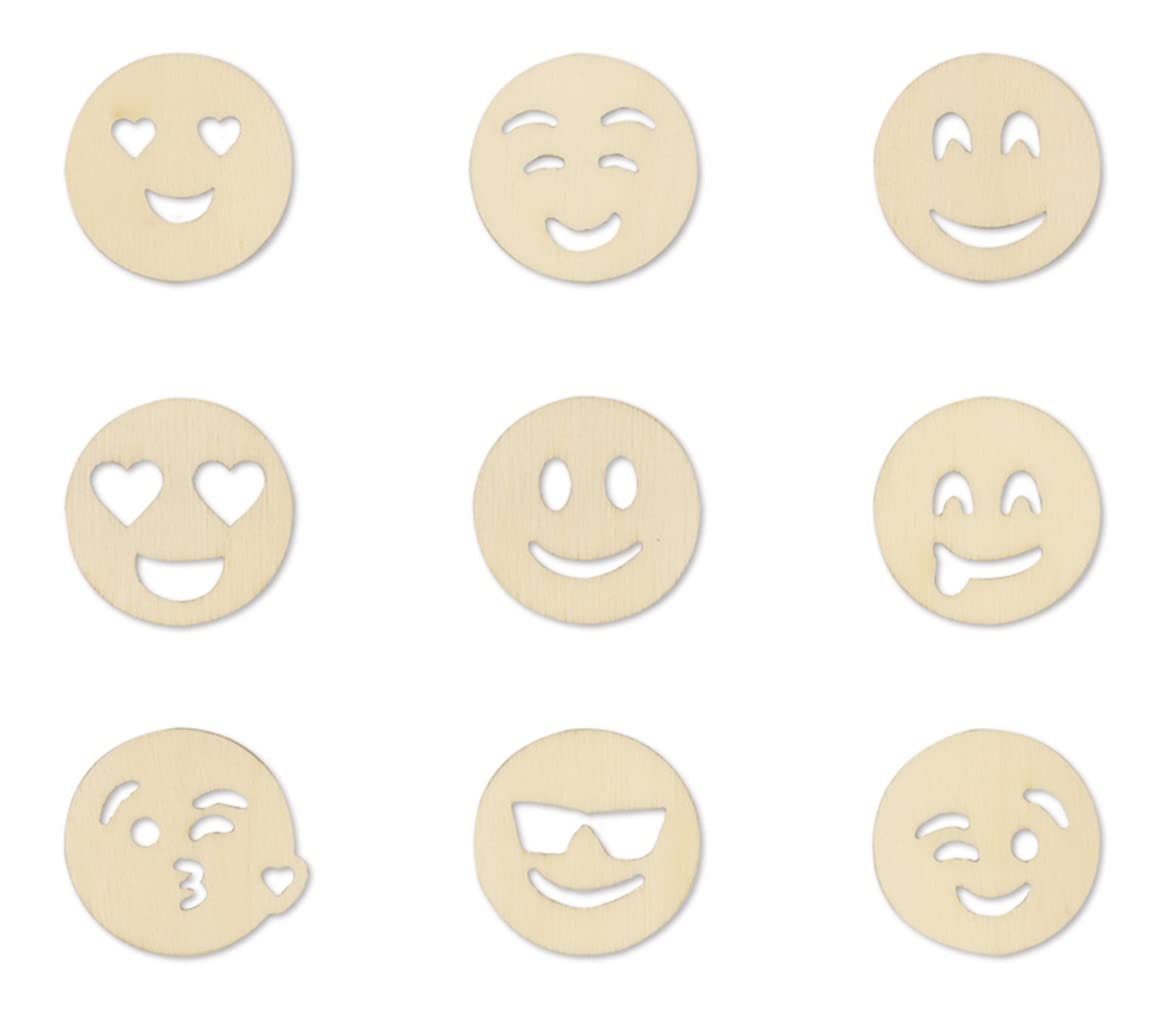 Mini Laser Cuts Wood Shape - Smiley Faces - 45 Pieces - 1'' Across - WoodArtSupply