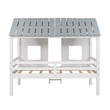 Merax Twin Size Low Loft Wooden House Bed with Roof and Windows in White and Grey Merax