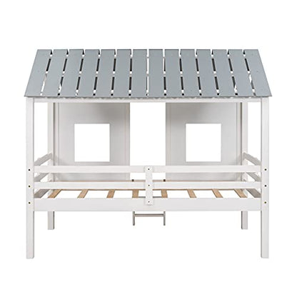 Merax Twin Size Low Loft Wooden House Bed with Roof and Windows in White and Grey - WoodArtSupply