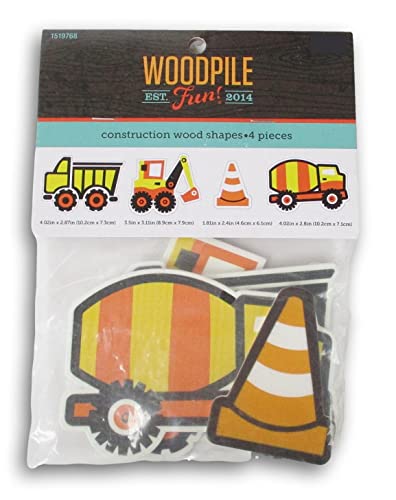 Woodpile Fun! Construction Painted Wood Cutout Shapes - Dump Truck, Tractor, Cone, Cement Mixer - for Craft, Decor, Scrapbooking, and More - WoodArtSupply