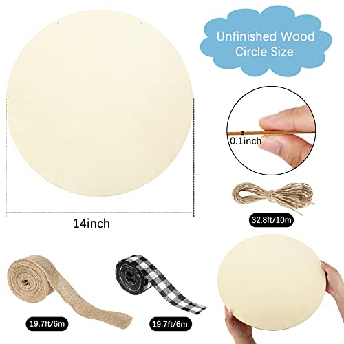 Whaline 14 Inch Wood Circles for Crafts, 10Pcs Unfinished Crafts Wood Slices with 32.8ft Twine and 19.7ft Ribbon DIY Wooden Blanks for Door Hanger Whaline
