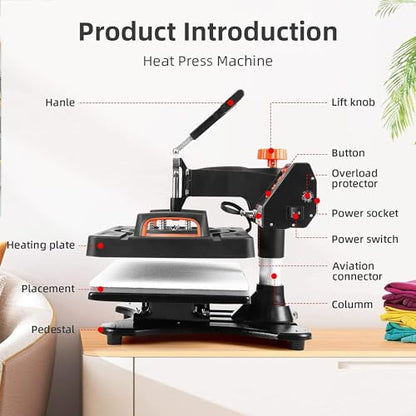 Heat Press Machine, 12 x 15 Inch, 9 in 1 Heat Press 800W Sublimation Machine, 360° Rotation Swing Away Shirt Printing Machine, Dual-Tube Heating for