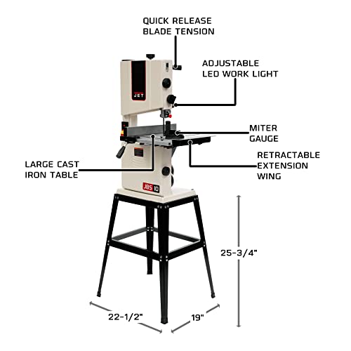 JET 10-Inch Woodworking Bandsaw with Stand, 1/2 HP, 1Ph 115V (JWB-10) - WoodArtSupply