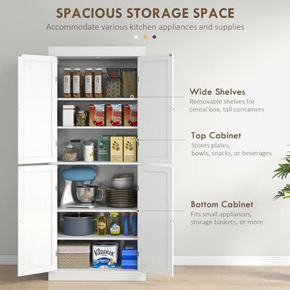 HOMCOM 72.5" Kitchen Pantry Storage Cabinet, Freestanding Kitchen Cabinet with 4 Doors and Adjustable Shelves for Dining Room, White Wood Grain