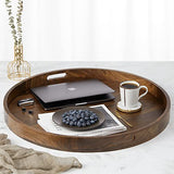 KINGCRAFT 26 x 26 inches Extra Large Round Ottoman Table Tray Wooden Solid Serving Tray with Handle Black Walnut Circle Platter Decorative Tray for Kingcraft