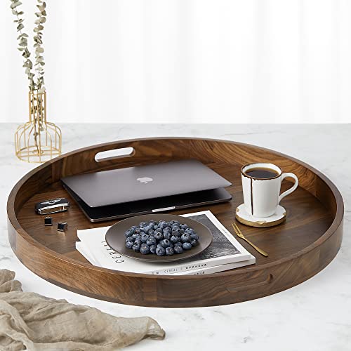 KINGCRAFT 26 x 26 inches Extra Large Round Ottoman Table Tray Wooden Solid Serving Tray with Handle Black Walnut Circle Platter Decorative Tray for - WoodArtSupply