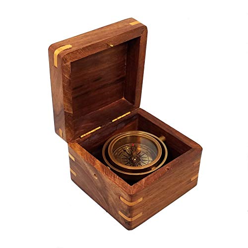 Engraved Compass Personalized in Wood Box | Antique Brass Desk Compass Gifts for Men, Him, Son, Grandson, Teen Boys for Graduation, Baptism, Stanley London