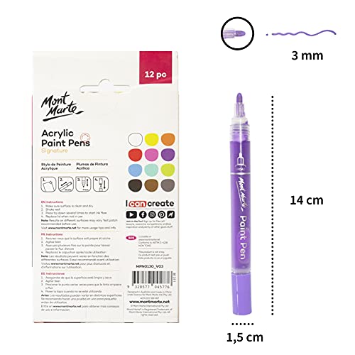 Mont Marte Signature Acrylic Paint Pens, 12 Piece, Waterproof, Suitable for Most Surfaces Including Canvas, Card and Rock, Round Tip (3mm) - WoodArtSupply