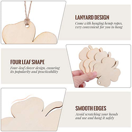 Amosfun Wooden Four-Leaf Clover Ornaments St. Patricks Day DIY Wood Arts and Crafts Shamrock Wooden Hanging Adornments Party Favors Decorations 20PCS Amosfun