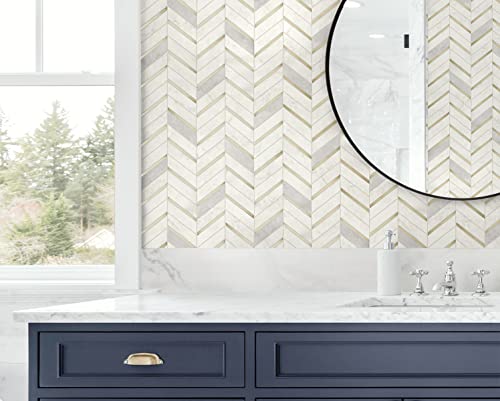 NextWall Chevron Faux Marble Tile Peel and Stick Wallpaper (Metallic Gold & Pearl Gray) NextWall