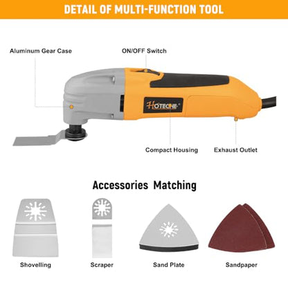 Hoteche 1.6-Amp Oscillating Multi Tool 3° Oscillating Angle Universal Fit Interface Multi-function tool with Blades and Sand Papers - WoodArtSupply