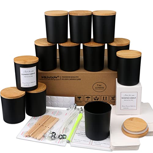 MILIVIXAY 12 Pack 7 OZ Black Matte Glass Candle Jars with Lids and Candle Making Kits - Bulk Empty Candle Jars for Making Candles - Spice, Powder - WoodArtSupply