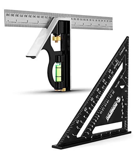 RONGPRO Rafter Square and Combination Square Tool Set, 7 Inch Triangle Carpenter Square Die-cast Aluminum Alloy and 12 Inch Zinc-Alloy Die-Casting RONGPRO