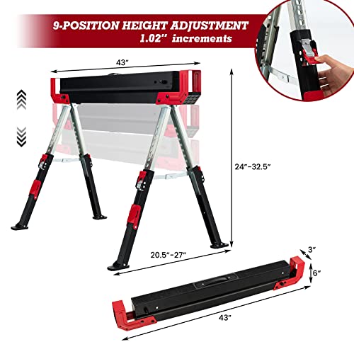 Goplus Saw Horses 2 Pack Folding, Heavy Duty Steel Sawhorse w/24”-32.5” Adjustable Height, 2x4 Supporting Arms, 2600LBS Capacity, Support Pegs, Goplus