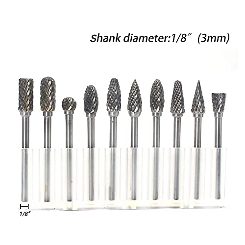 YUFUTOL Carbide Burr Set - 10pcs Double Cut Solid Carbide Rotary Burrs 3mm(0.118'') Shank Fits Die Grinder Drill for Woodworking,drilling Metal YUFUTOL