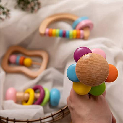 4pc Organic Colorful Baby Rattle Set Safe Food Grade Wood Rattle Soother Bracelet Teether Set Montessori Toddler Toy multicolored