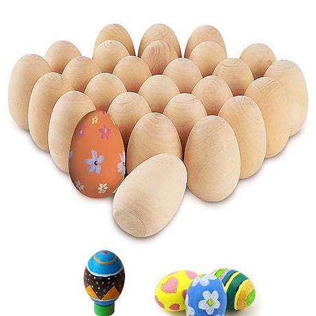 Acrux7 30 Pack Wooden Eggs to Paint, 2.5 inch Unfinished Wood Eggs, Wood Fake Eggs, Standable Wooden Easter Eggs with Flat Bottom, Unpainted Wooden Acrux7