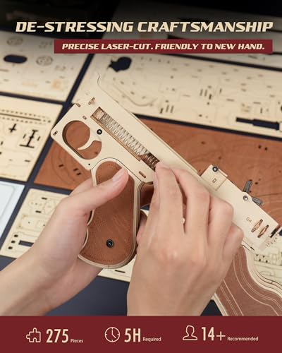 ROKR LQB01 3D Wooden Submachine Gun Puzzle Kit with Rubber Bands - 275pcs DIY Model for Adults and Teens ROKR