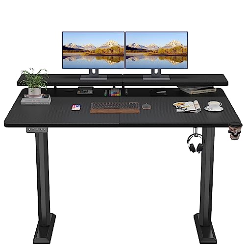 Shahoo Electric Standing Desk with Monitor Shelf, 55 x 24 Inches Height Adjustable Corner Table, Computer Workstation with Cup Holder and Hook for - WoodArtSupply