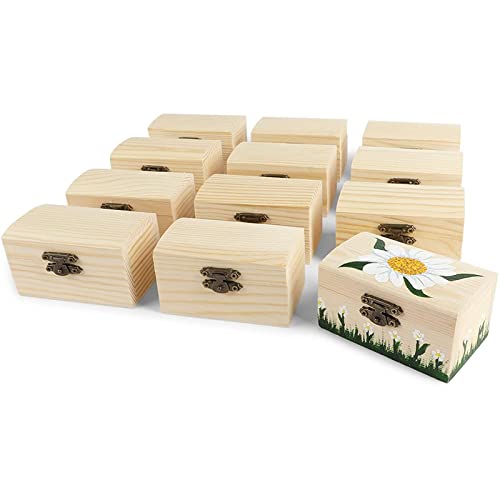 12 Pack Unfinished Wooden Boxes for Crafts, Party Favors for Birthday Parties, Baby Shower, Treasure Chest with Lid and Clasp, Pirate Decorations