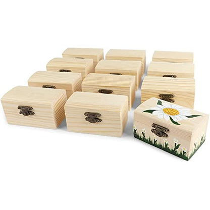 12 Pack Unfinished Wooden Boxes for Crafts, Party Favors for Birthday Parties, Baby Shower, Treasure Chest with Lid and Clasp, Pirate Decorations