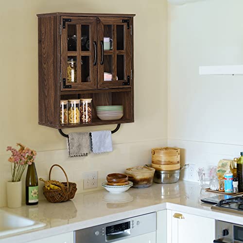 RUSTOWN Wood Wall Storage Cabinet with Cross Glass Doors, Farmhouse Wall Mounted 3 Tier Rustic Cabinet with Adjustable Shelves and Towel Bar for - WoodArtSupply