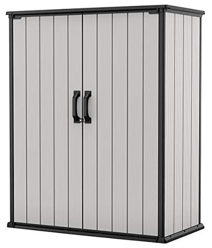 Keter Premier Tall 4.6 x 5.6 ft. Resin Outdoor Storage Shed with Shelving Brackets for Patio Furniture, Pool Accessories, and Bikes, Grey & Black