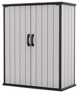 Keter Premier Tall 4.6 x 5.6 ft. Resin Outdoor Storage Shed with Shelving Brackets for Patio Furniture, Pool Accessories, and Bikes, Grey & Black Keter