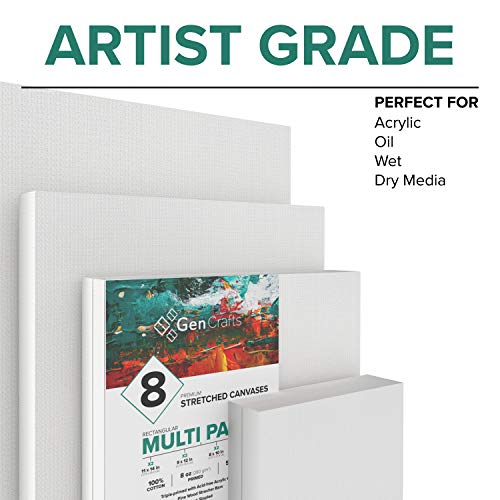 GenCrafts Stretched White Canvas Multi Pack - 5x7, 8x10, 9x12, 11x14 (2 of Each) Set of 8 - Triple Primed - 100% Cotton - for Acrylic, Oil, Other Wet - WoodArtSupply