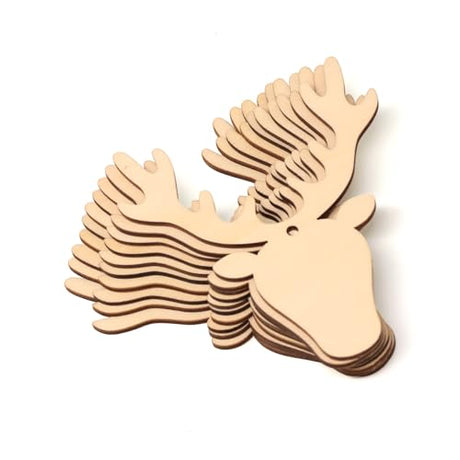 Honbay 30PCS Deer Head Wooden Hanging Ornaments Reindeer Head Unfinished Blank Wood Pieces Wood Slices Wood Chips Embellishments Wooden Gift Tags for HONBAY