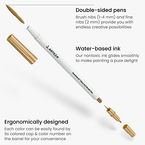 ARTEZA Dual Tip Brush Pens, 12 Earth Tones, Watercolor Calligraphy Markers, Nylon Brush and Fine Tip, Water-Based Ink, for Illustration, Lettering