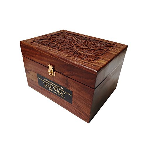 Adult Size Hard Wood Human Funeral Cremation Urn with Hand Engraved Flower Design and a Personalized Name Plate - WoodArtSupply