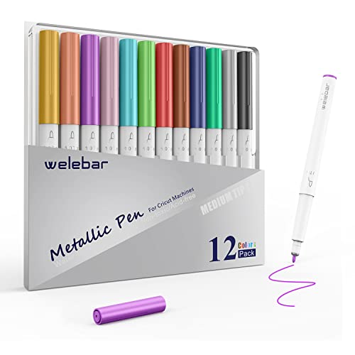 Welebar 12 Pack Metallic Pen Set, 1.0 Tip Marker Pen for Cricut Maker 3/Maker/Explore 3/Air 2/ Air, Metallic Ink Markers for Writing, Drawing, Invitations, Envelope, DIY Crafts