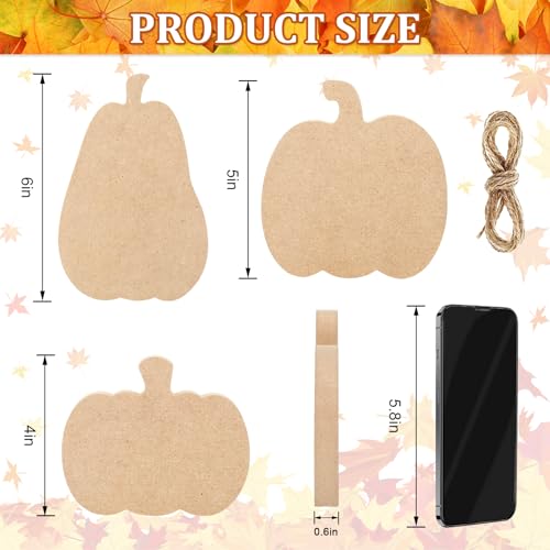 Whaline 6Pcs Fall Pumpkin Wooden Cutouts with Ropes 3 Design Unfinished Pumpkin Shaped Table Wooden Signs for Fall Thanksgiving Halloween Tiered Tray