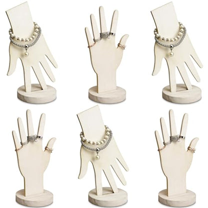 MOOCA 6 Pcs Wooden Hand Form Jewelry Display Set, 2 Way Design for Wall Hanging or Standalone Mannequin Finger Hand Display, Wash White Color