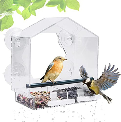 Fubullish Window Bird Feeder, Large Bird House Feeders for Outside with 4 Strong Suction Cups & 2 Extra Bird Stands, Removable Tray and Drain Holes, - WoodArtSupply