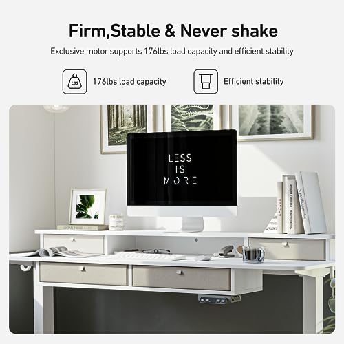FEZIBO Sturdy Height Adjustable Electric Standing Desk with Drawers, 55 x 24 Inch Stand Up Table with Large Storage Shelf, Sit Stand Desk, White Top FEZIBO