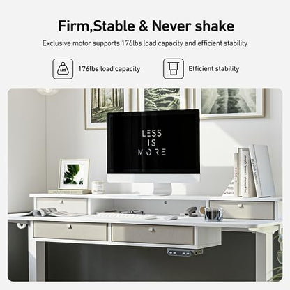 FEZIBO Sturdy Height Adjustable Electric Standing Desk with Drawers, 55 x 24 Inch Stand Up Table with Large Storage Shelf, Sit Stand Desk, White Top