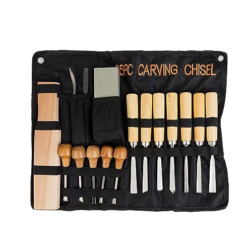 Wood Carving Tools Set of 16 Chisels with Canvas Case,Gouges and Woodworking Chisel Set with Sharpening Stone and Wooden Blocks for Beginners - WoodArtSupply