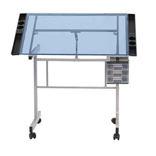 Studio Designs Vision Craft and Drawing Station - 35.5" W by 23.75" D Silver-Blue Glass Top Drafting Table with Pencil Drawers, Side Trays, & SD Studio Designs