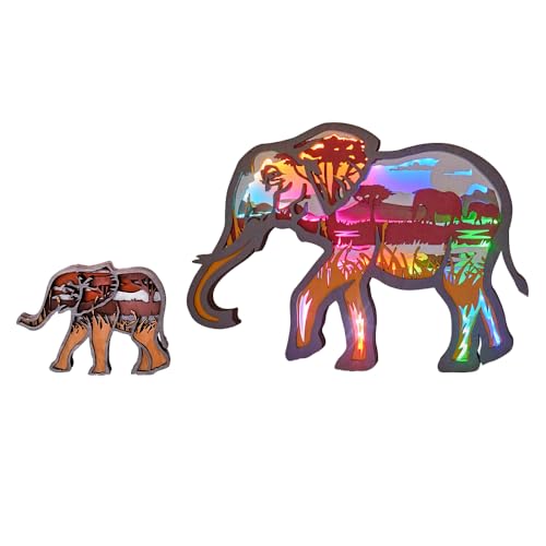 3D Wooden Animals Carving LED Night Light, Wood Carved Lamp Festival Decoration Home Decor Desktop Desk Table Living Room Bedroom Office Shelf Statues Gifts (Remote Control Multi-Color：Elephants)