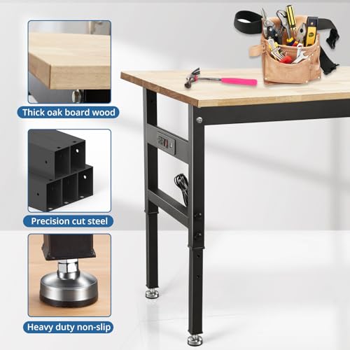 Work Benches, Adjustable Height Work Table, Heavy Duty Husky Workbench Portable Table 2000 LBS Load Capacity,with Power Outlet and Wheels for AHGOKL