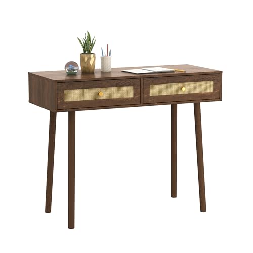 Atlantic Natural Rattan Panels with Storage Loft & Luv Remy Boho Mid-Century Console Entryway Table, Walnut