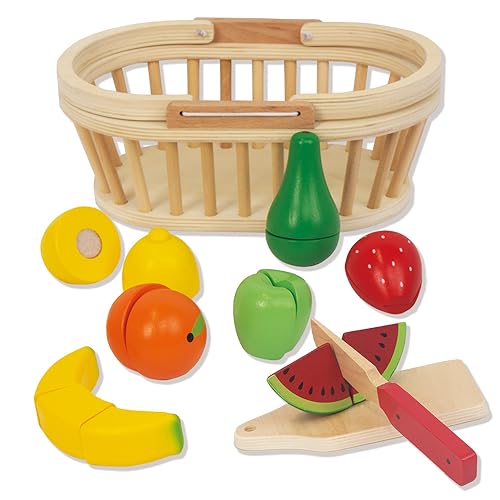 Wooden Cutting Fruits Vegetables Set for Kids, Pretend Play Food Toy Set with Wooden Knife, Tray and Basket for Boys Girls (Fruit Basket)