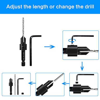 3-pc Countersink Drill Bit Set #10#12#16, 3in1 Woodworking Counterbore Hole Saw Drill Bits, Depth Adjustable M2 Pilot Drill Bits, 82-Degree Chamfer, - WoodArtSupply